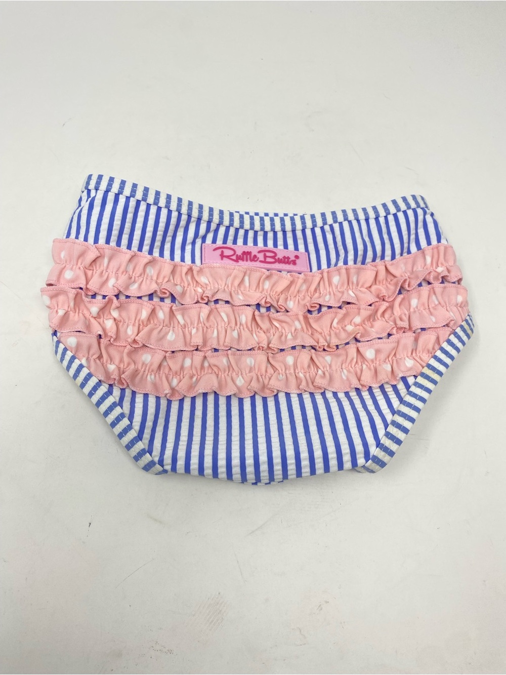 Ruffle Butts Blue Stripe Bottom Diaper Cover with Pink Ruffles 12-18 Months
